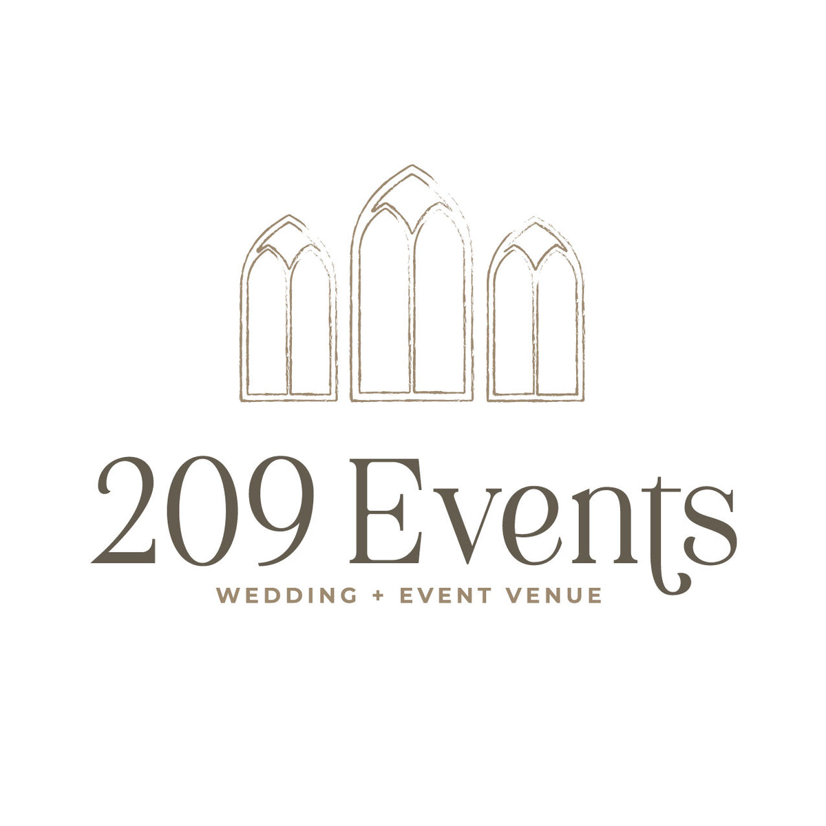 Logo for 209 Events, a wedding and event venue, with decorative arches on a white background.