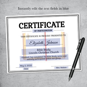 Editable Bible Study Certificate Template - Printable Certificate Template - Church Certificate Template Personalized Diploma Certificate