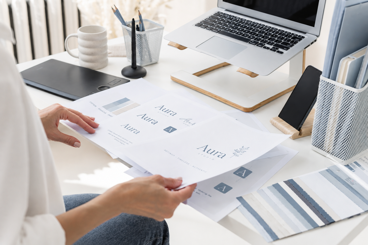 Reviewing printed brand identity concepts with logo options and a blue and gray color palette