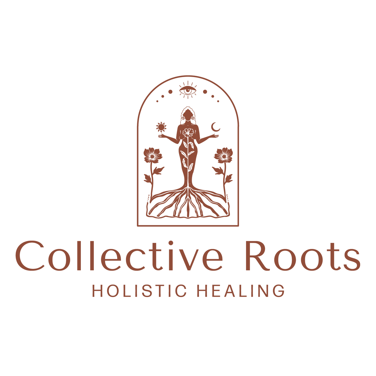 Logo for Collective Roots Holistic Healing with a stylized illustration of a person with roots and flowers.