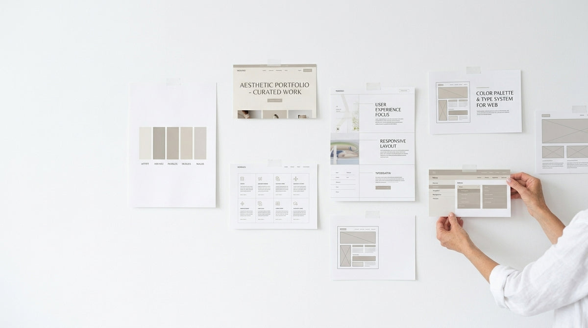 Website and brand design mockups pinned to a white wall for review