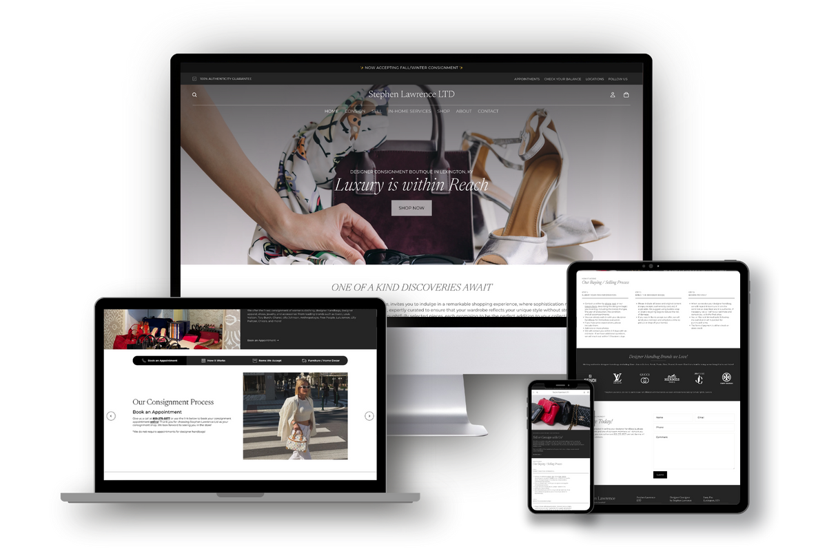 Stephen Lawrence Consignment website shown on desktop, laptop, tablet, and phone screens