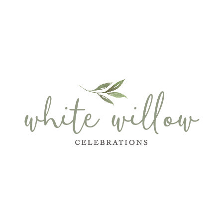 Logo for 'White Willow Celebrations' with green text and leaf design on a white background