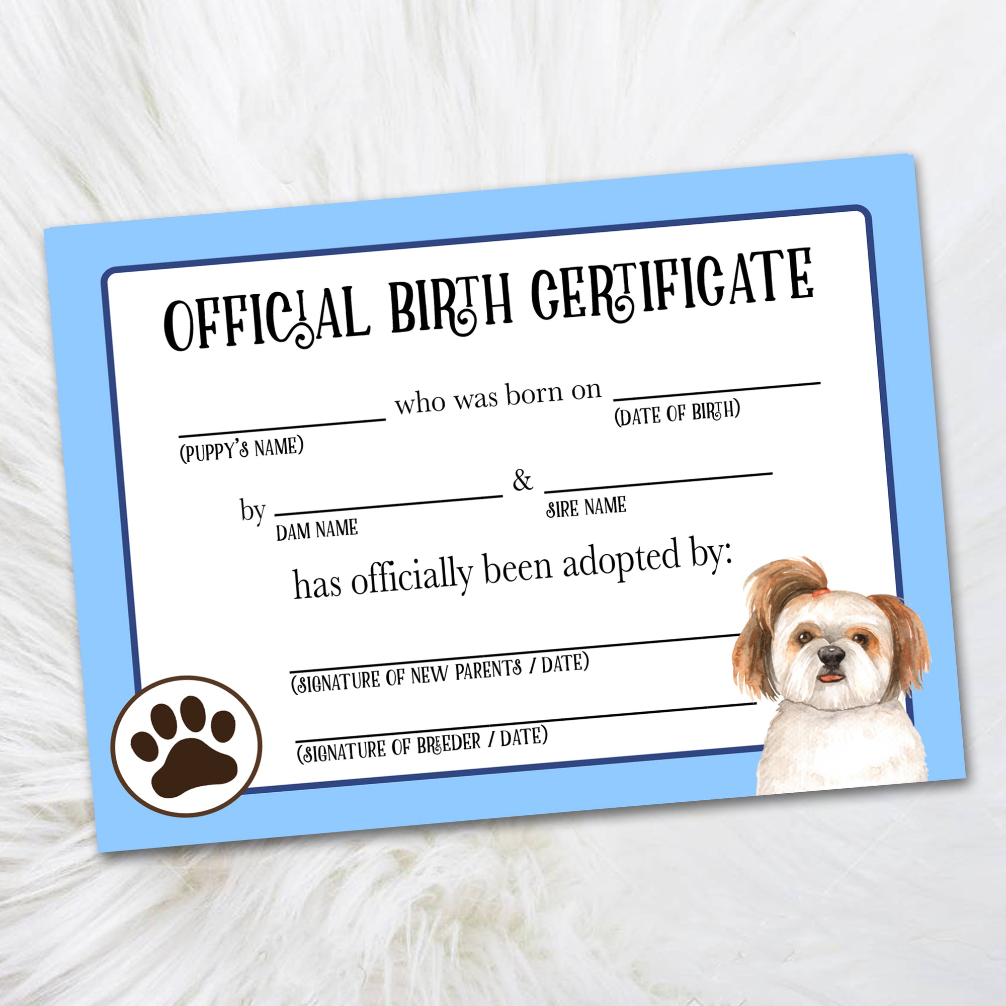 Printable Shih Tzu Birth Certificate
