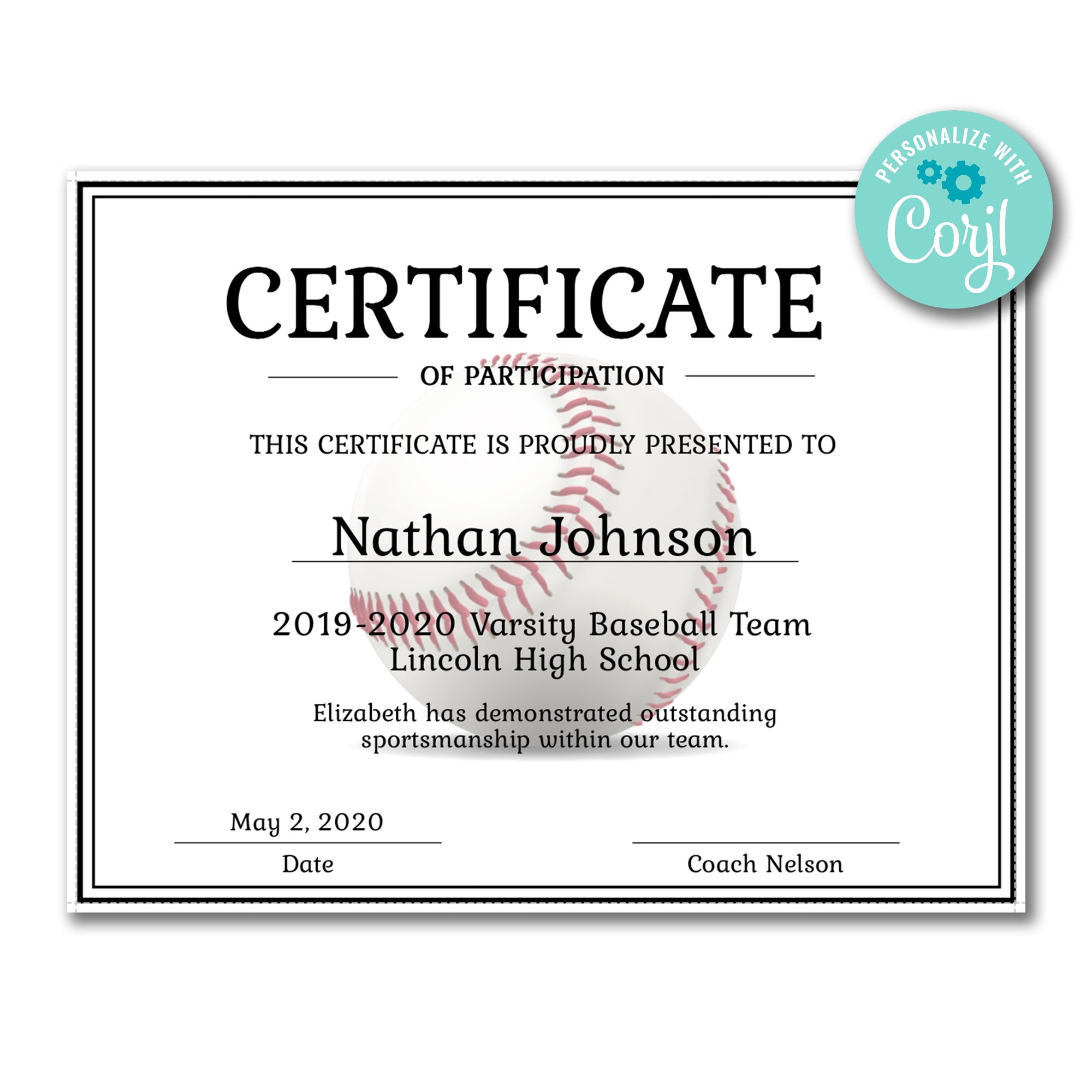 editable baseball certificate, printable baseball award, personalized youth certificate template