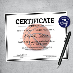 editable basketball certificate, printable basketball certificate for sports banquet, kids basketball award, printable template