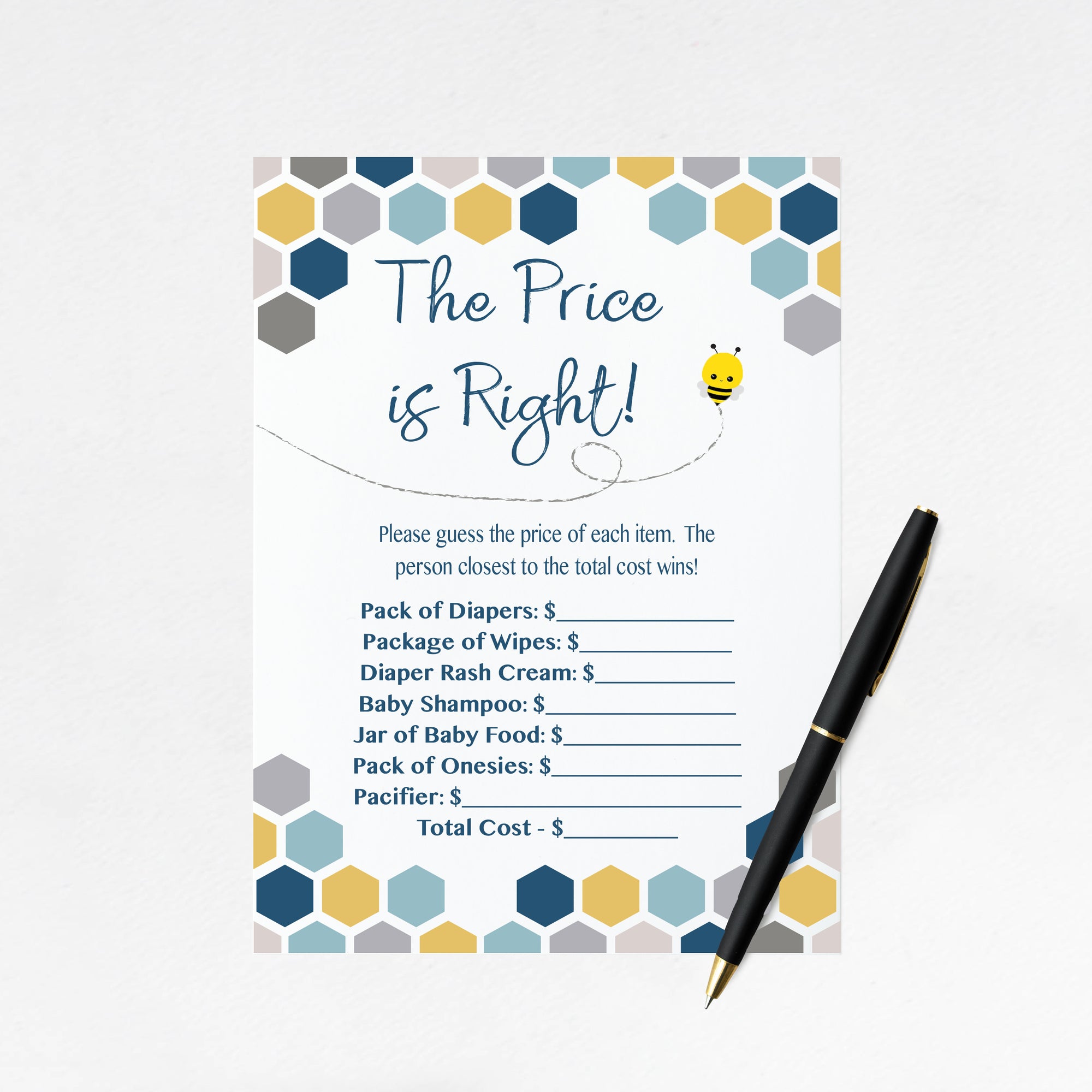 The Price is Right Activity Game Card for Baby Bee Themed Baby Shower