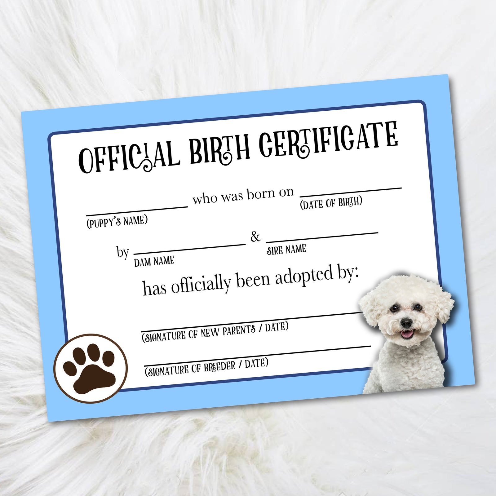 Blue Printable Bichon Fries Puppy Adoption Birth Certificate Template