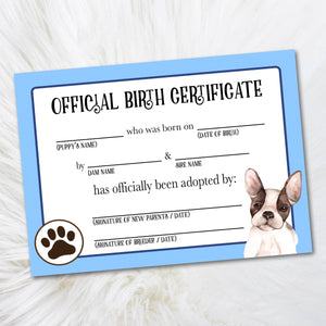 Boston terrier adoption certificate, puppy birth certificate from dog breeder
