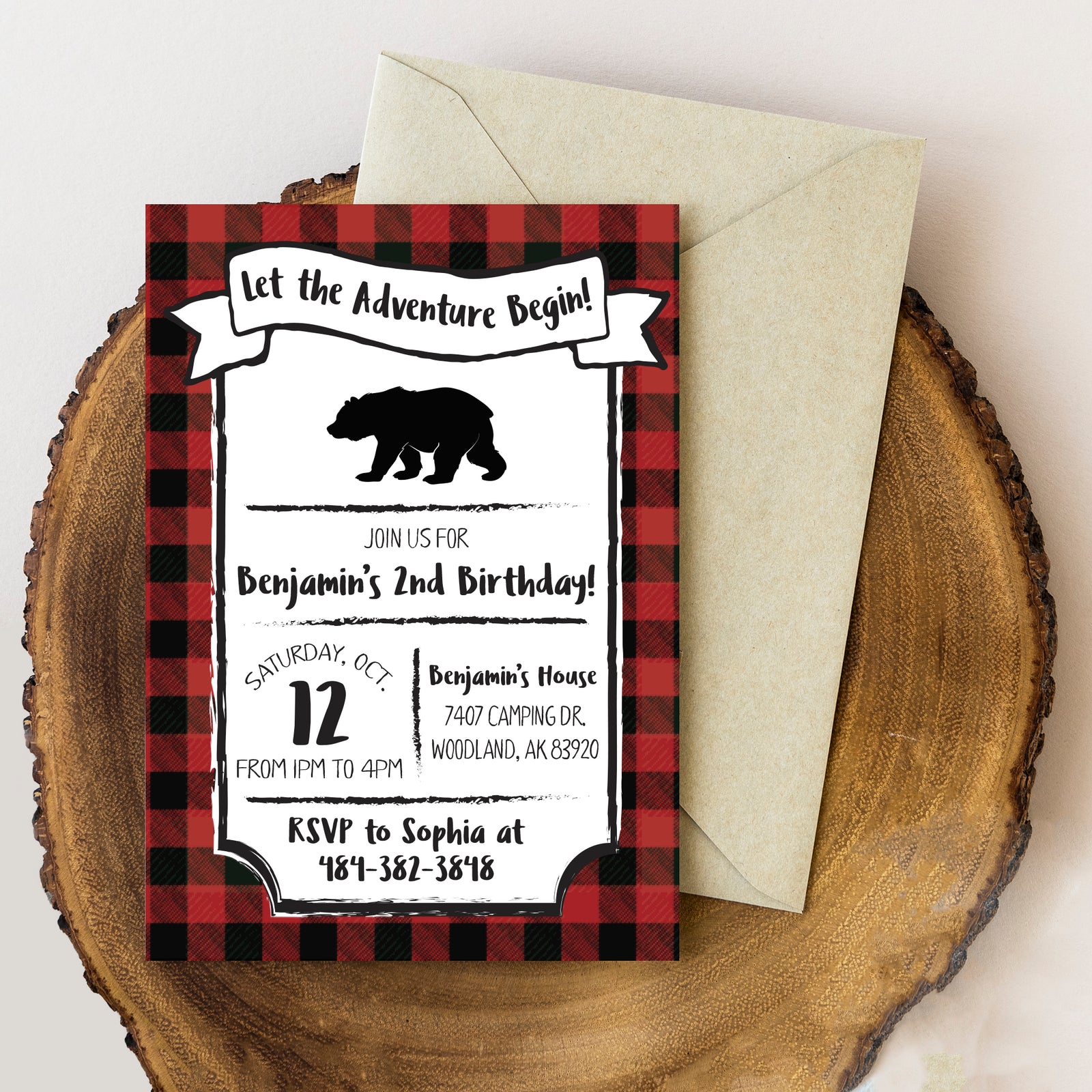 Red Buffalo Plaid Birthday Invitations, Rustic Hunting Invitations, Editable Woodland Bear Invitation, Printable Woodland Invites