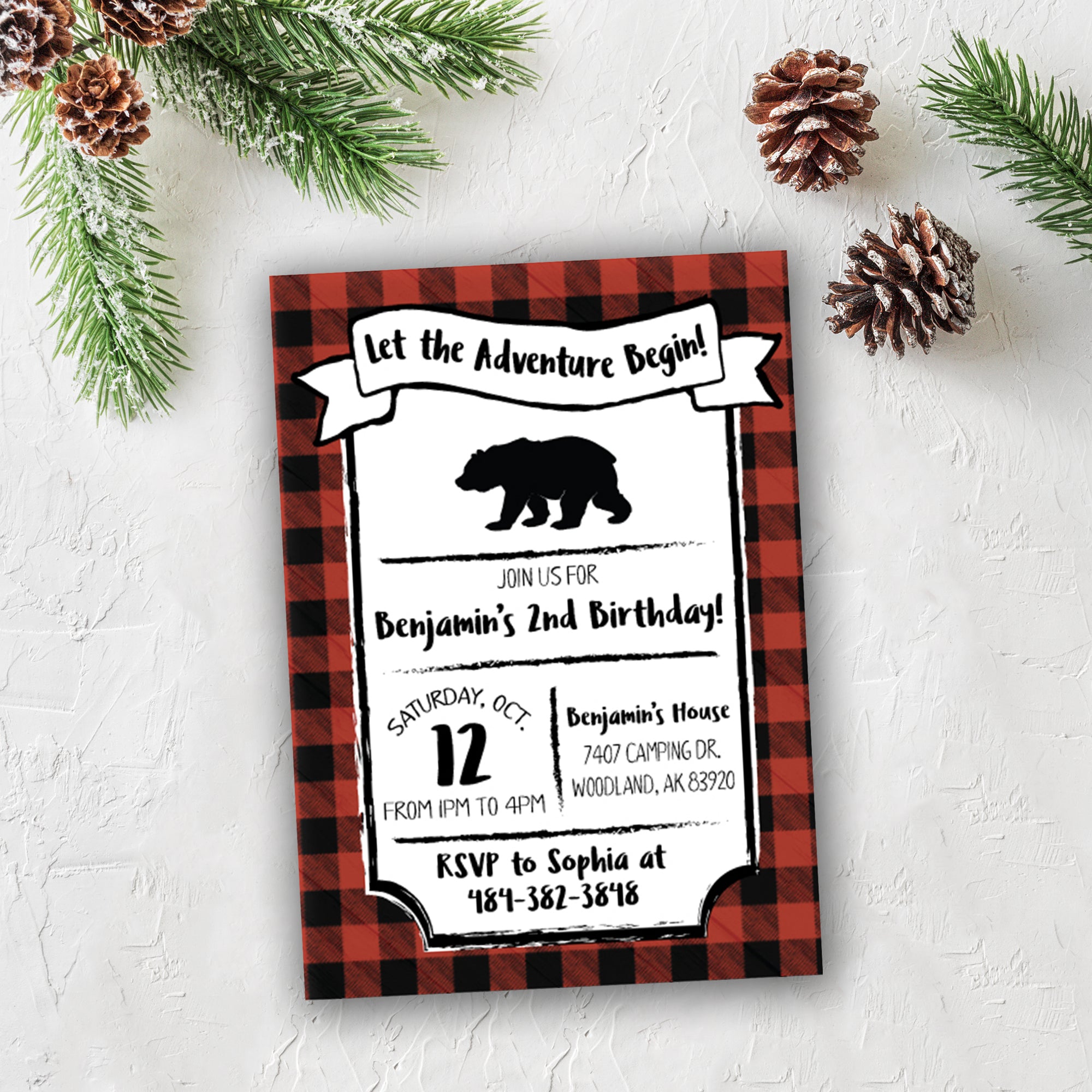 Red Buffalo Plaid Birthday Invitations, Rustic Hunting Invitations, Editable Woodland Bear Invitation, Printable Woodland Invites