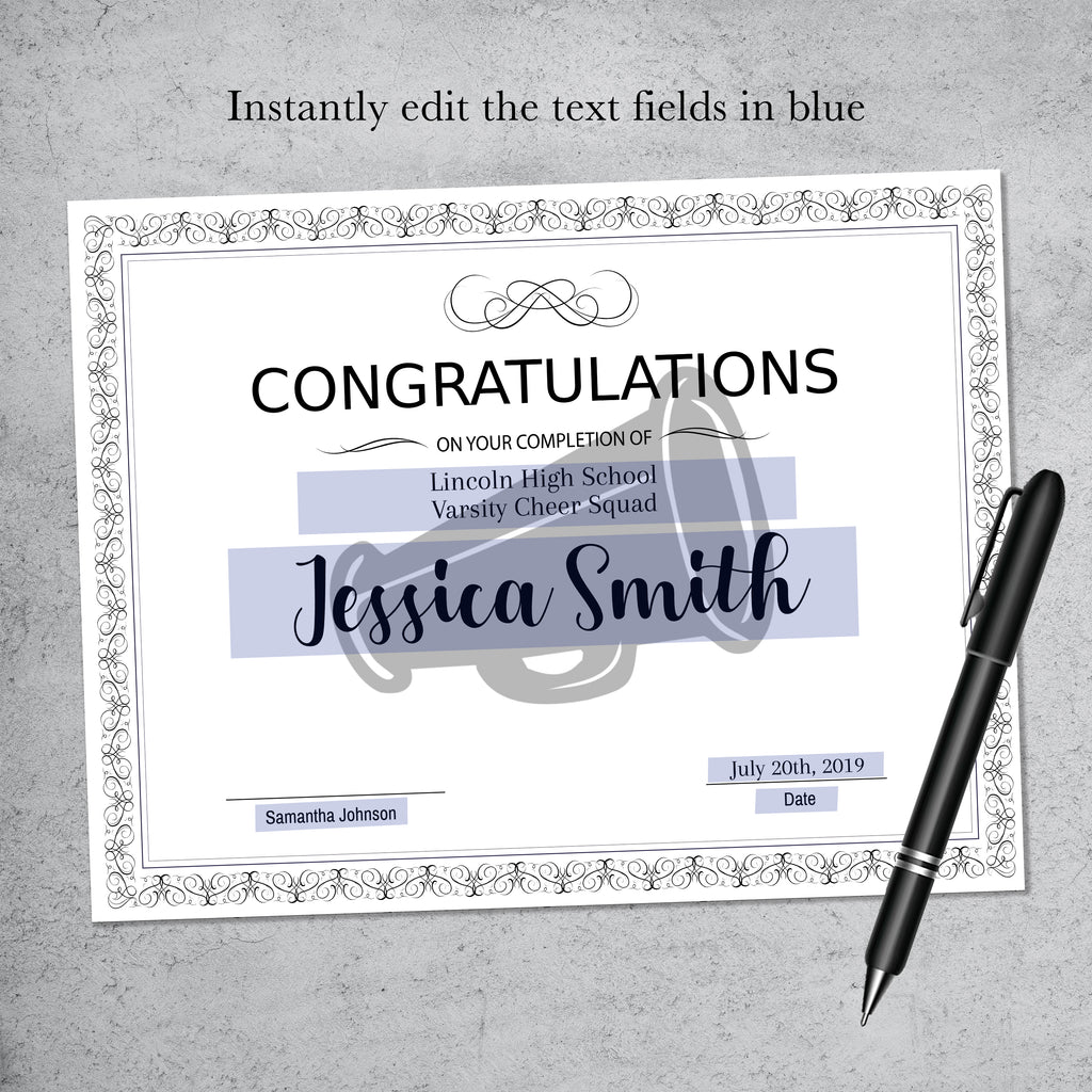 Printable cheerleading certificate template with cheer watermark, editable cheer squad award