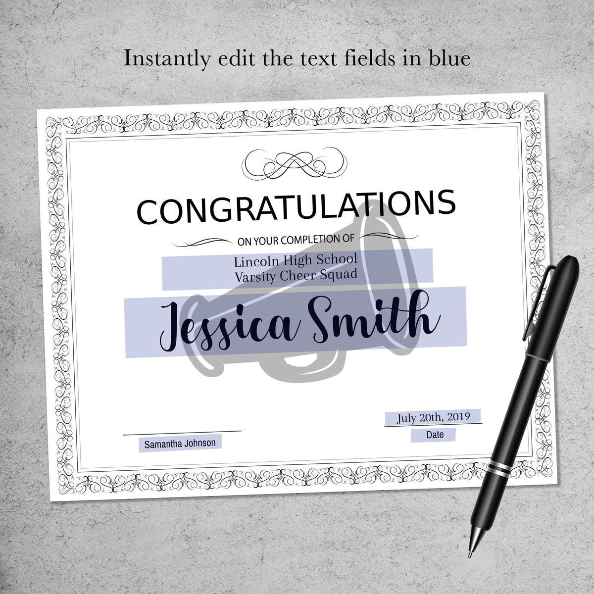Printable cheerleading certificate template with cheer watermark, editable cheer squad award