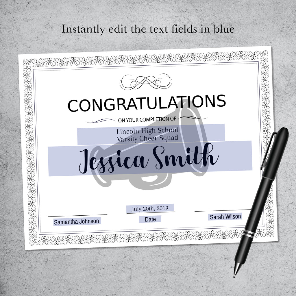 Editable cheerleading award certificate template, printable cheer team congratulations certificate