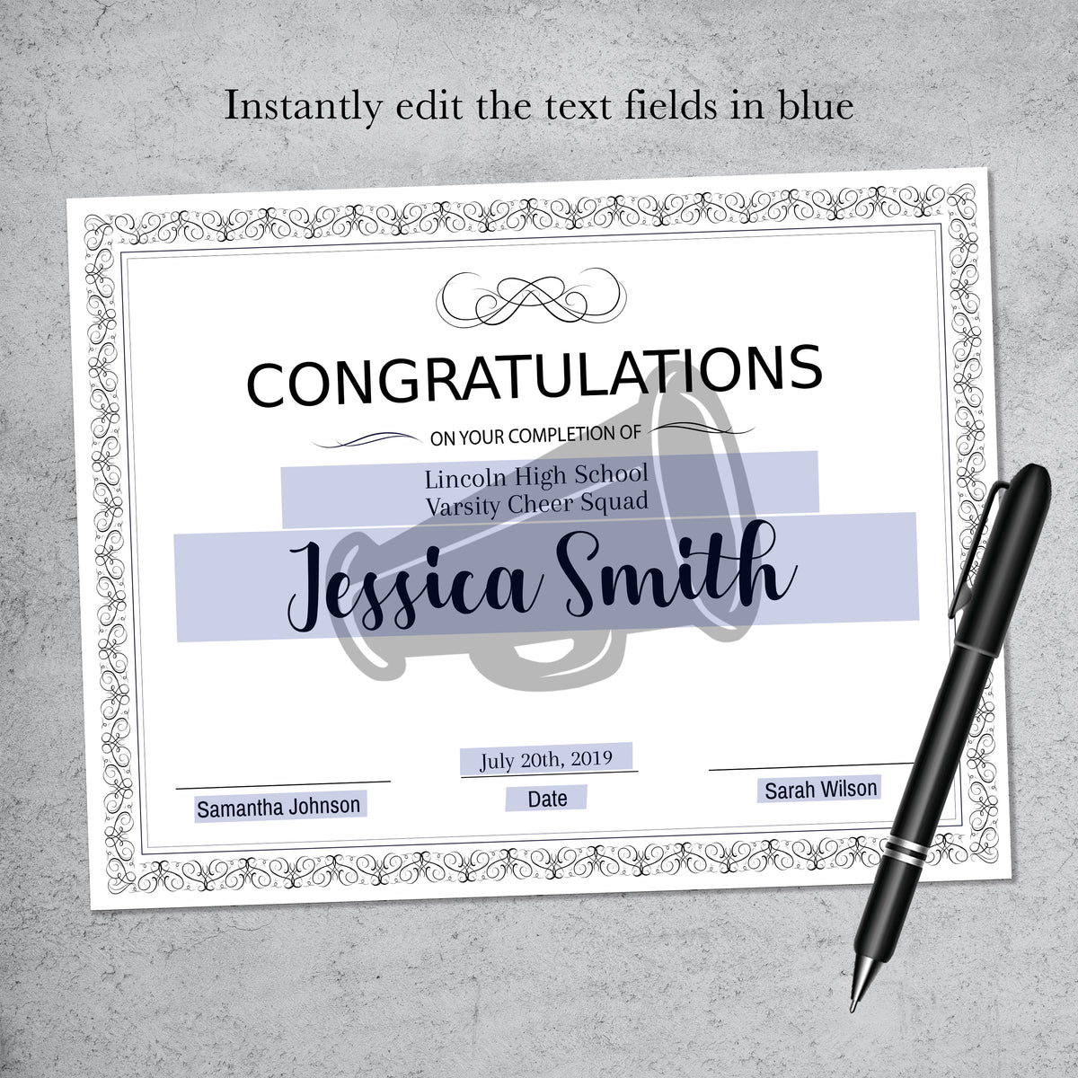 Editable cheerleading award certificate template, printable cheer team congratulations certificate