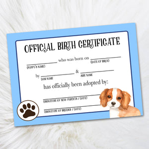 Printable Cavalier King Charles Birth Certificate, Puppy Adoption Certificate