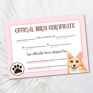 Baby Pink Corgi Puppy Adoption Certificate