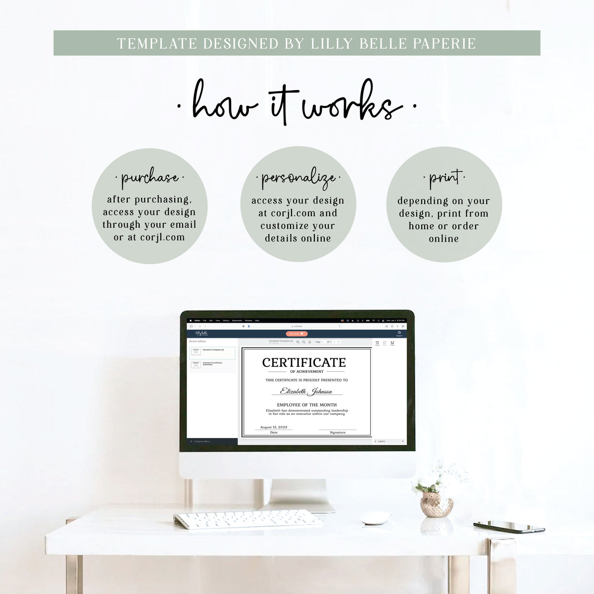 Three easy steps to customize Lilly Belle Paperie digital templates online with Corjl