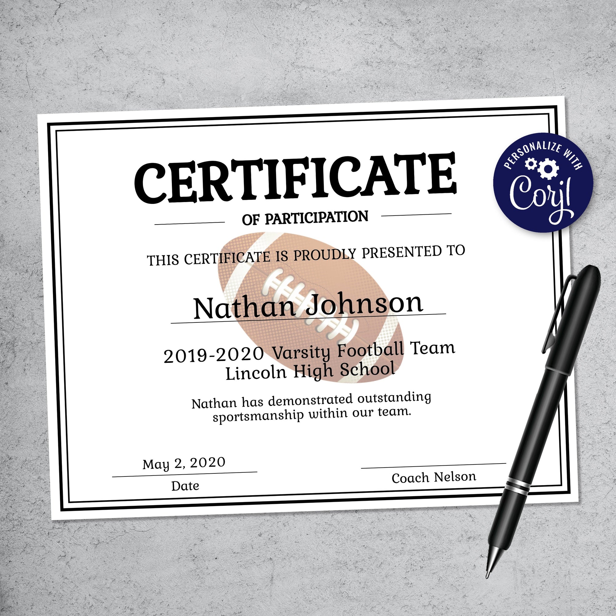 Editable Football Certificate for Sports Banquet