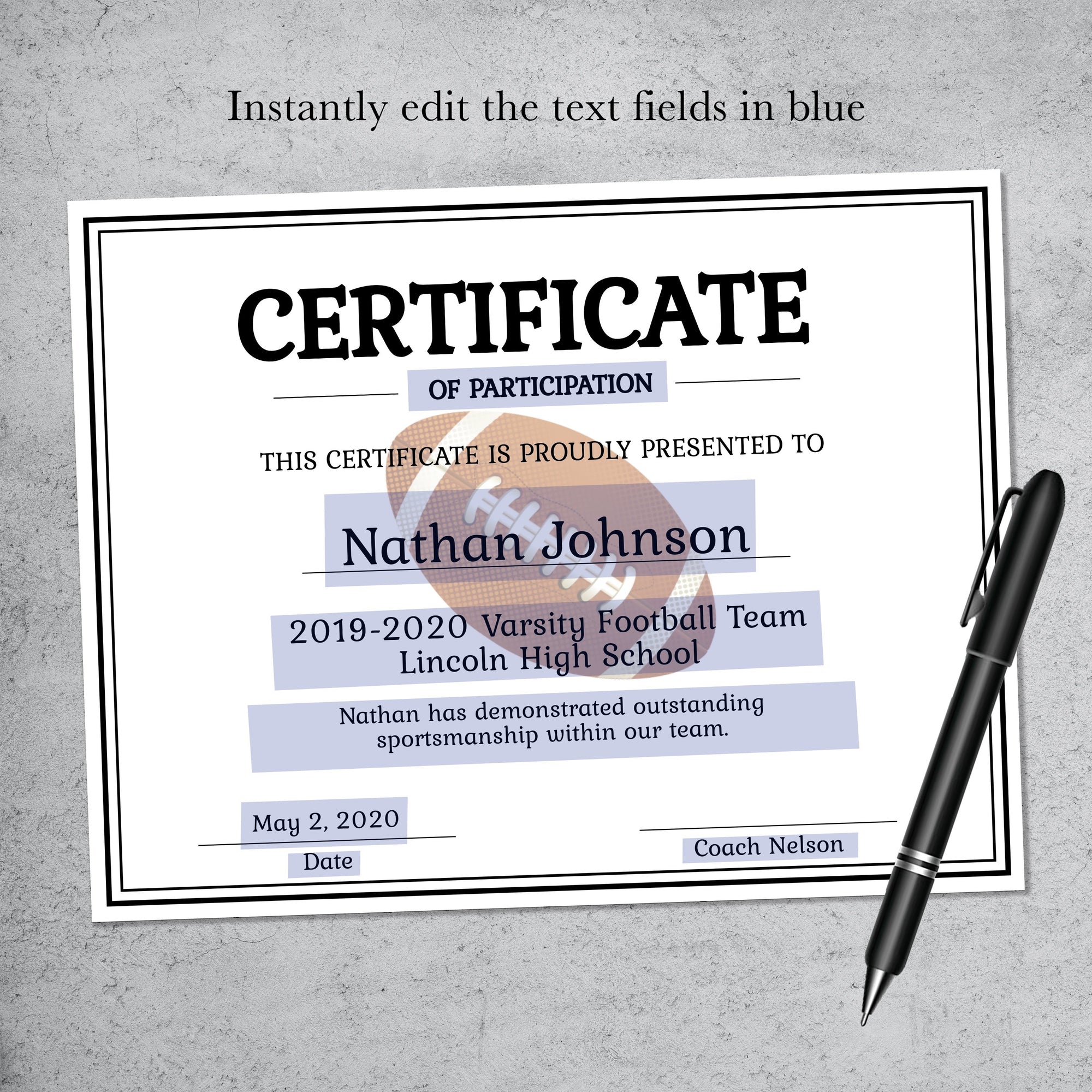 Editable Football Certificate for Sports Banquet