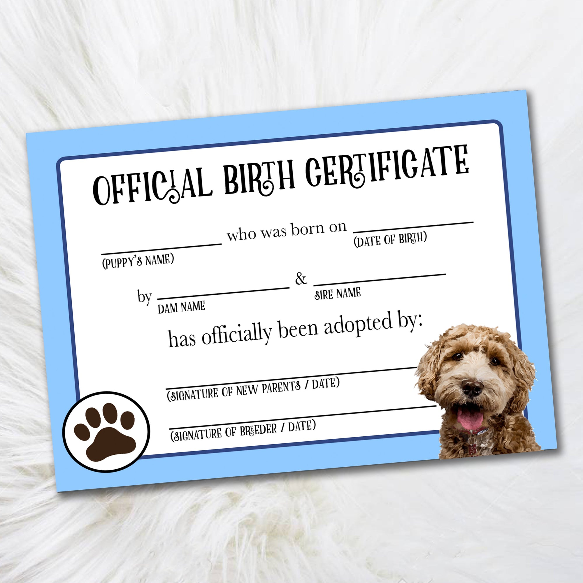 Blue Golden Doodle Birth Certificate Dog Certificates, Adoption Certificate, Official Birth Certificate for Dog Breeders