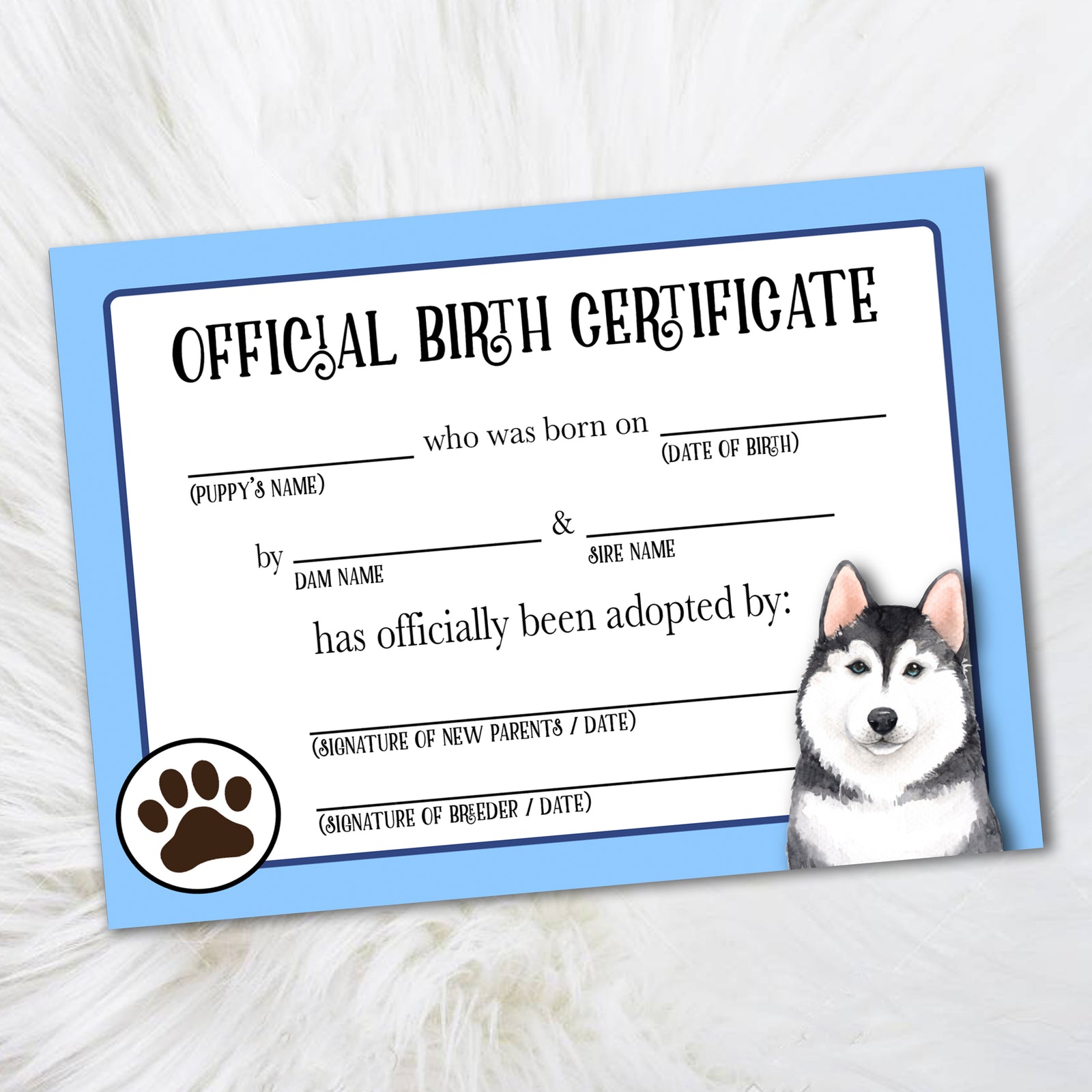 Blue Husky Birth Certificate Dog Certificates, Adoption Certificate, Official Birth Certificate for Dog Breeders