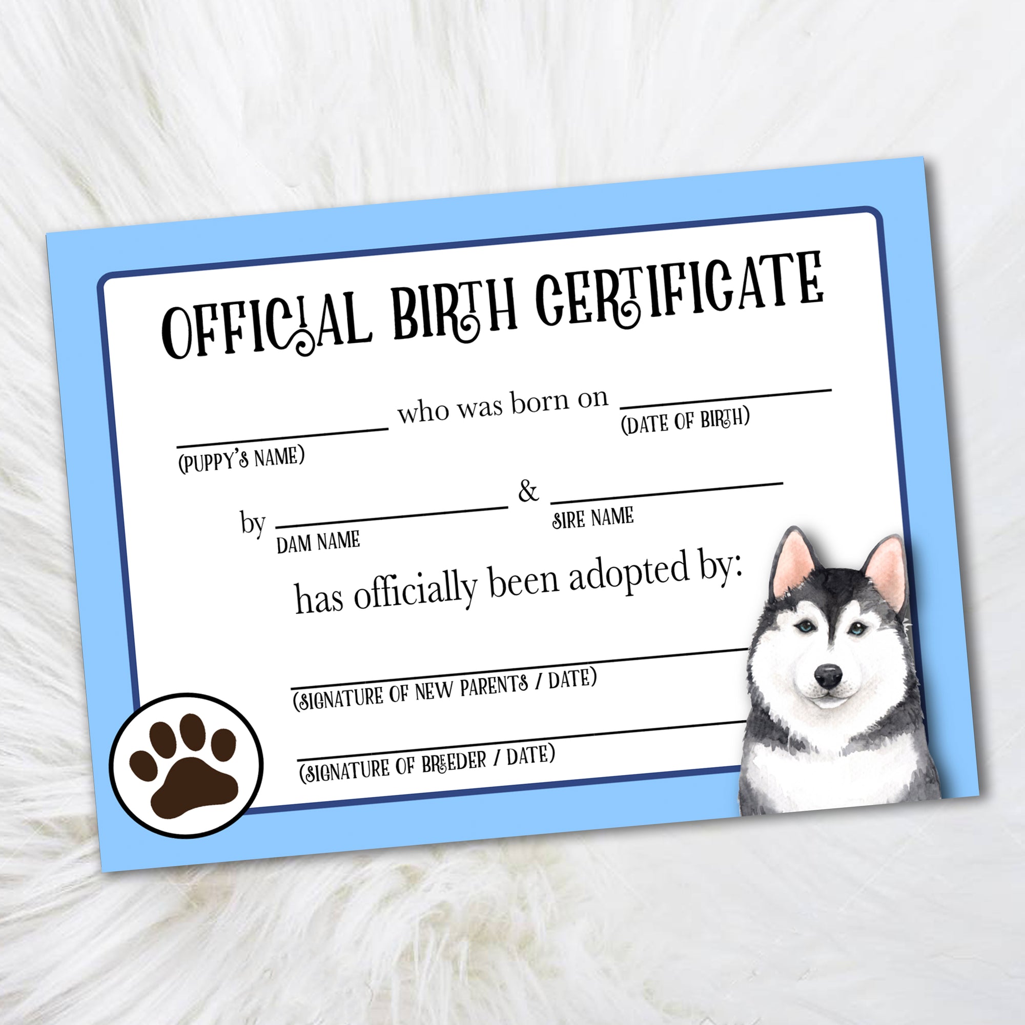 Blue Husky Birth Certificate Dog Certificates, Adoption Certificate, Official Birth Certificate for Dog Breeders