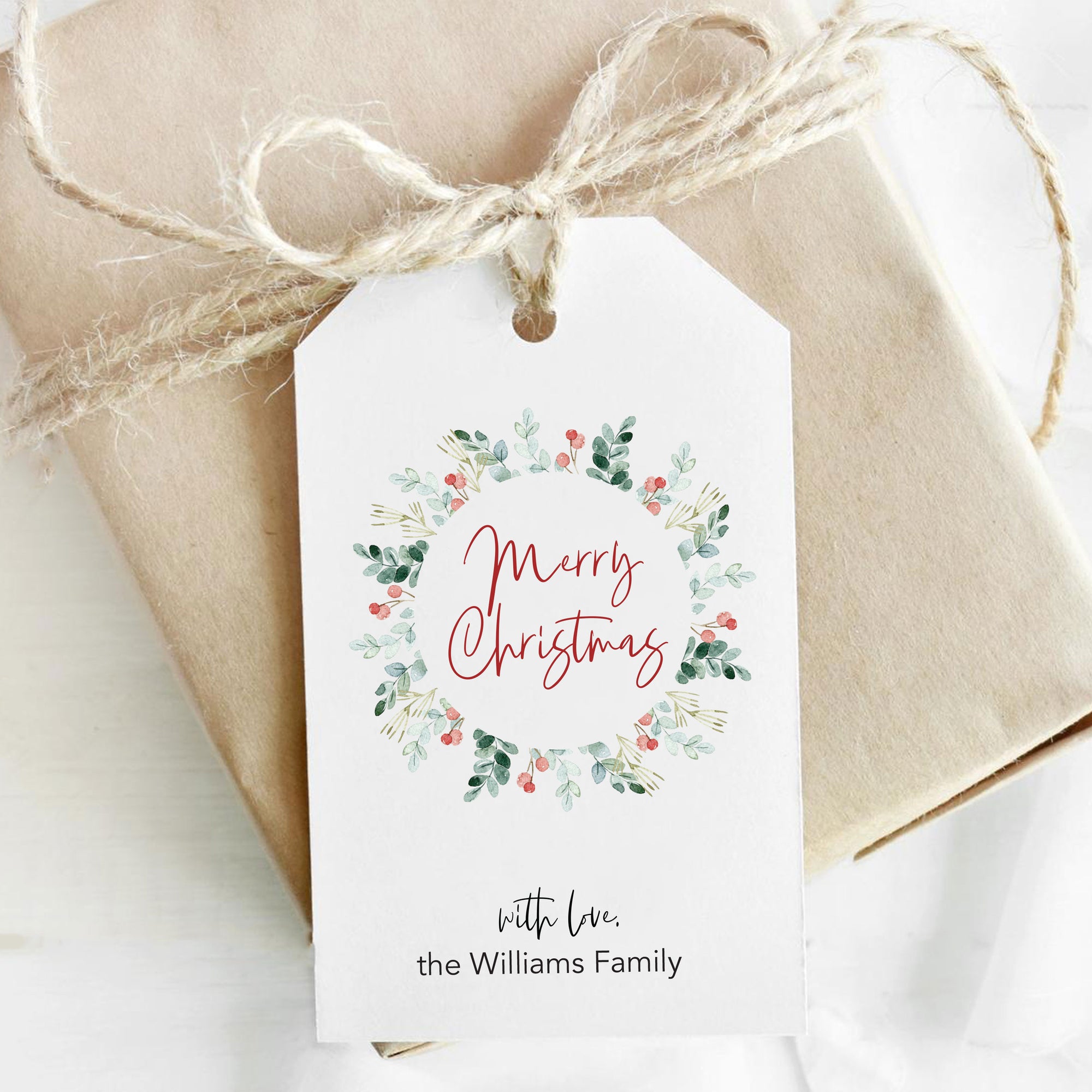 Printable Merry Christmas Holiday Wreath Gift Tags Personalized Tag