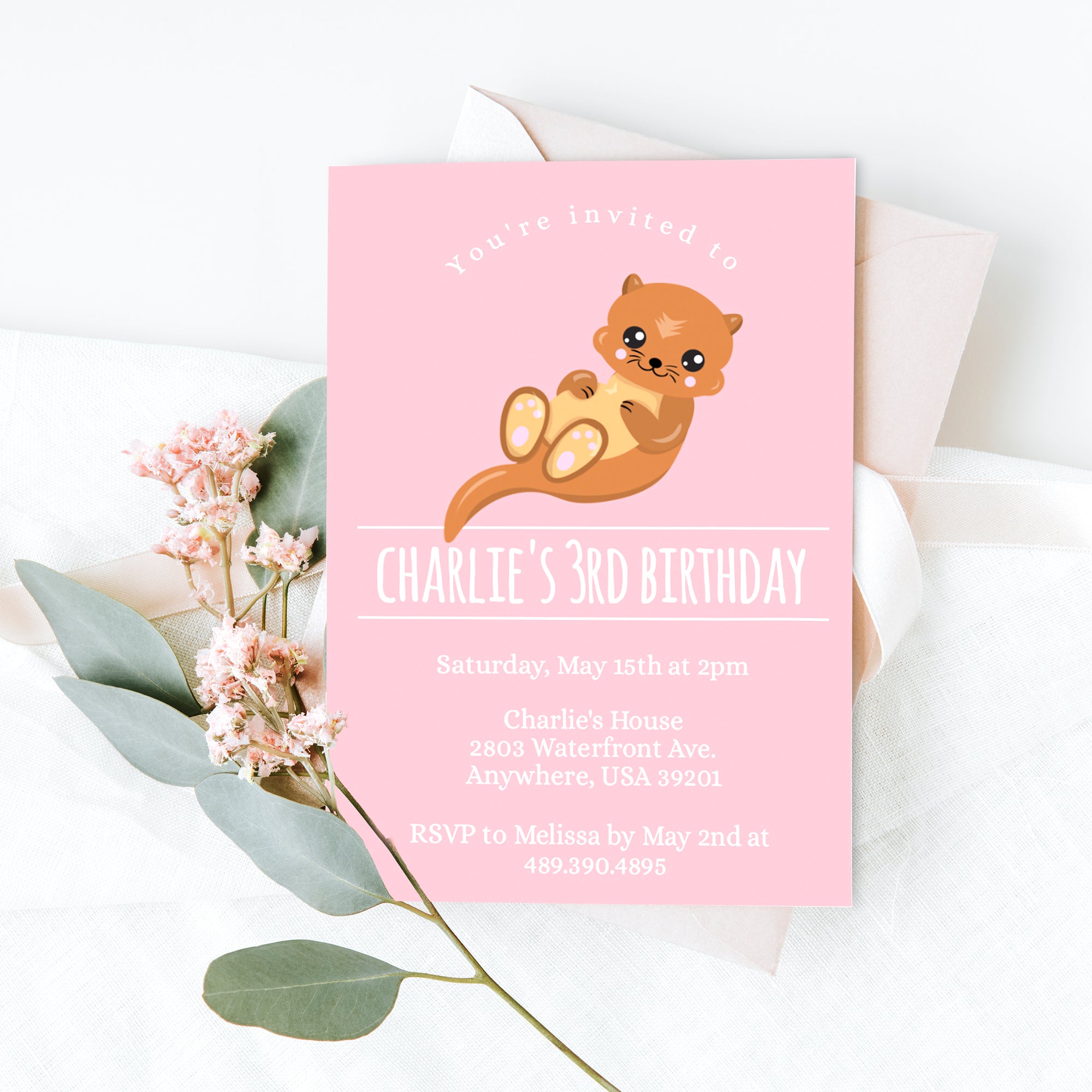 Pink Otter Birthday Party Invitation