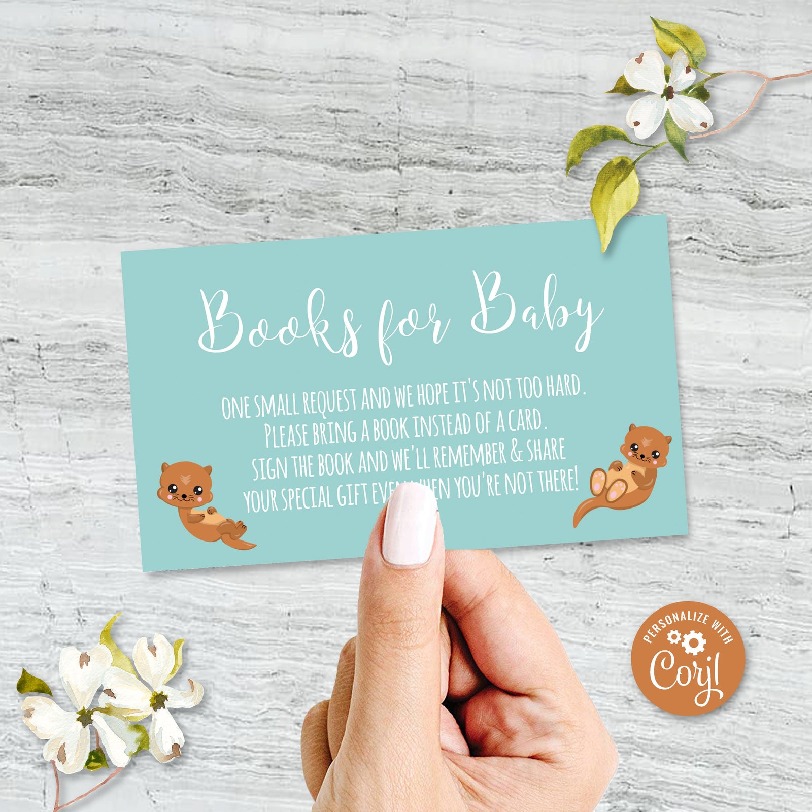 Blue Baby Otter Book Request Cards Invitations, Girls Printable Book Request Cards, Gender Neutral Baby Shower, Unisex Baby Shower Ideas