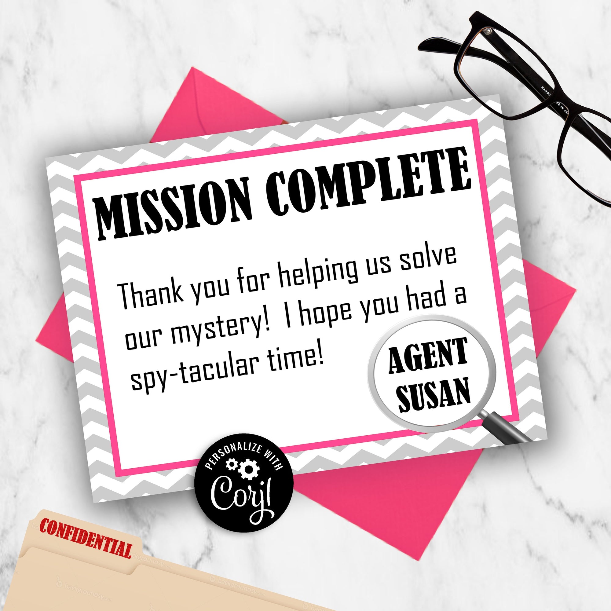 girls spy thank you cards, girls secret agent mission complete, detective birthday party favors