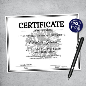 editable cheerleader certificate, printable pom pom certificate, cheer competition awards
