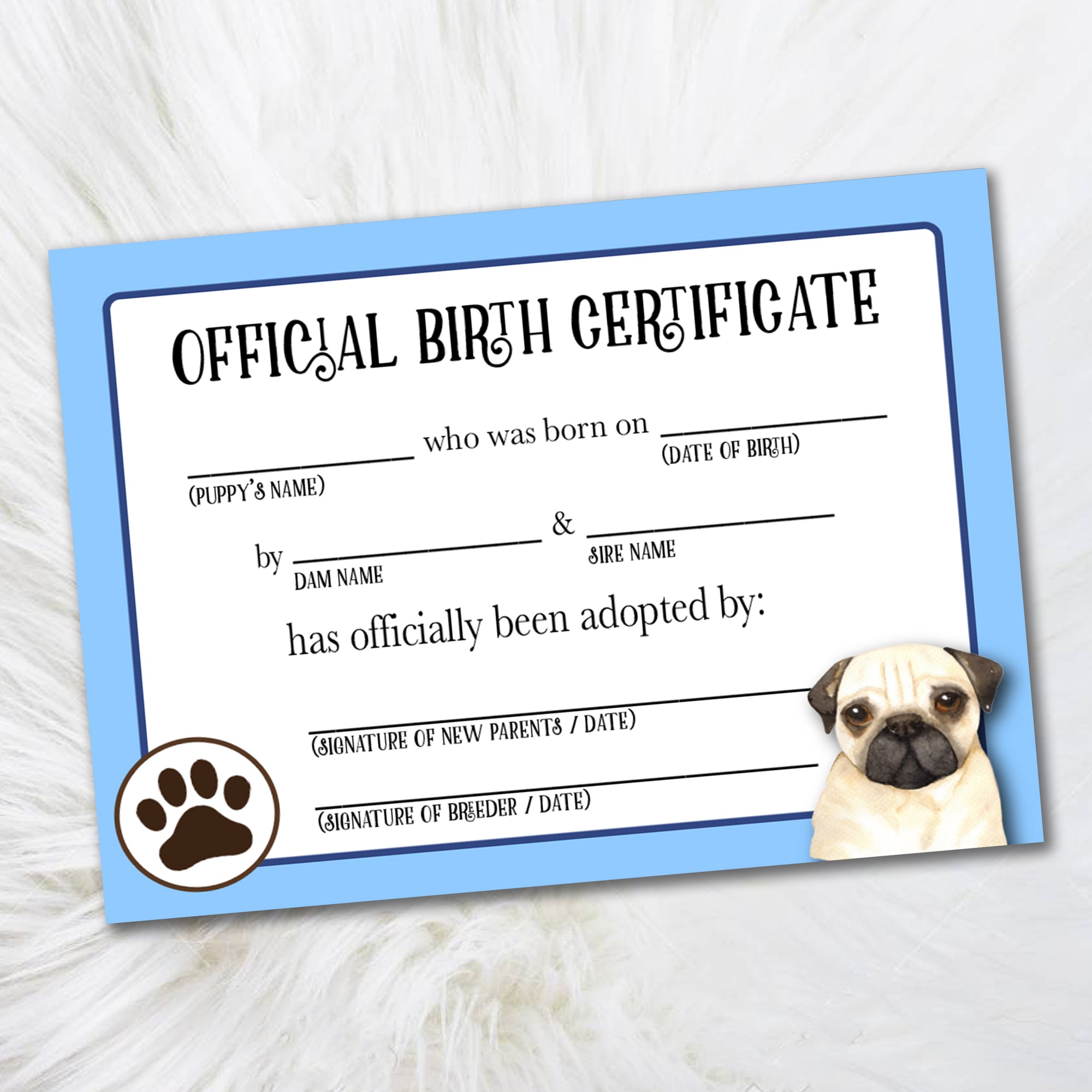 Blue Husky Birth Certificate Pug Certificates, Adoption Certificate, Official Birth Certificate for Dog Breeders