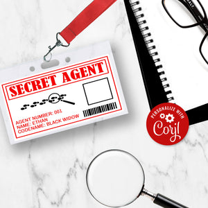 editable id badge, agent photo props, editable secret agent id