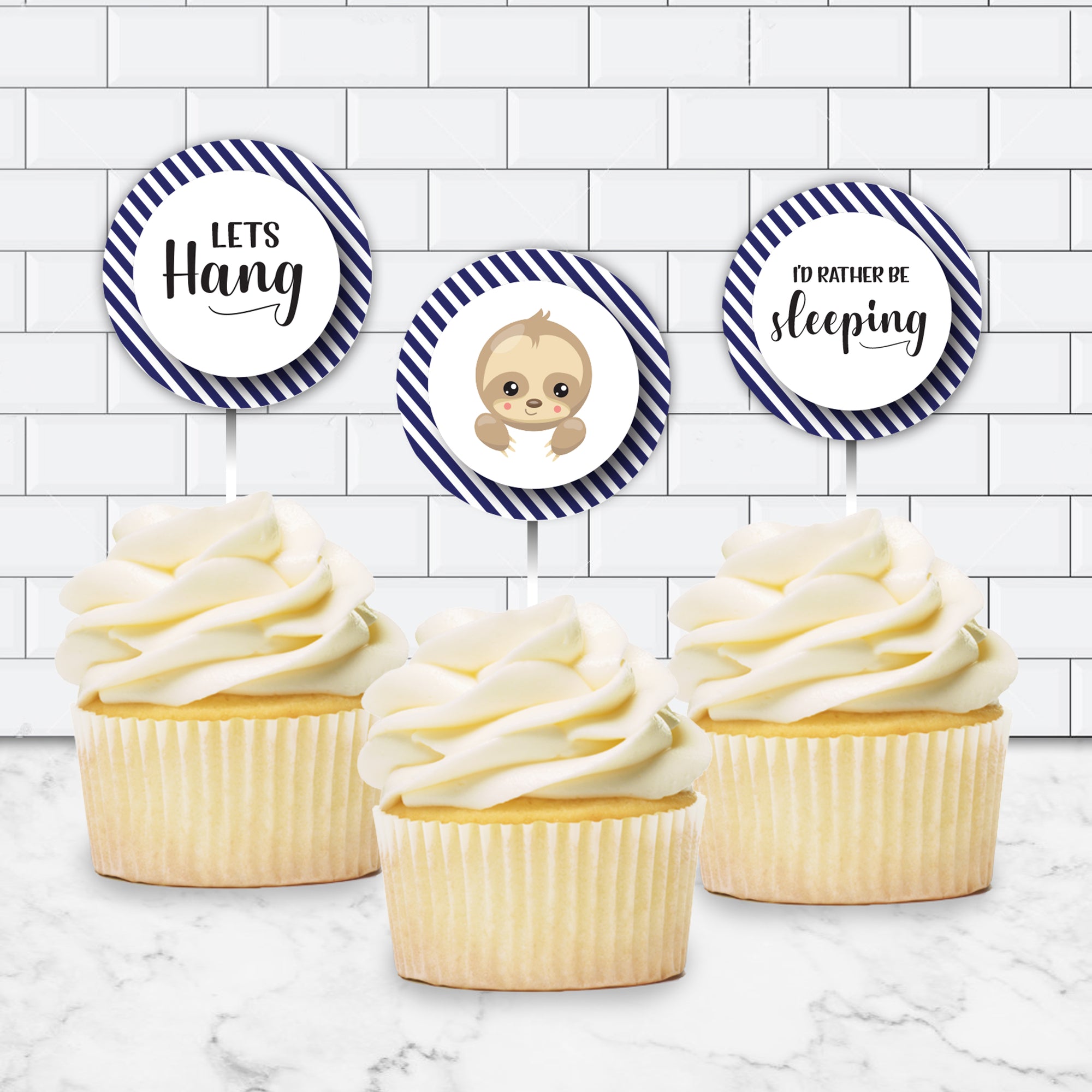 Editable Navy Blue Sloth Cupcake Toppers for Gender Neutral Baby Shower