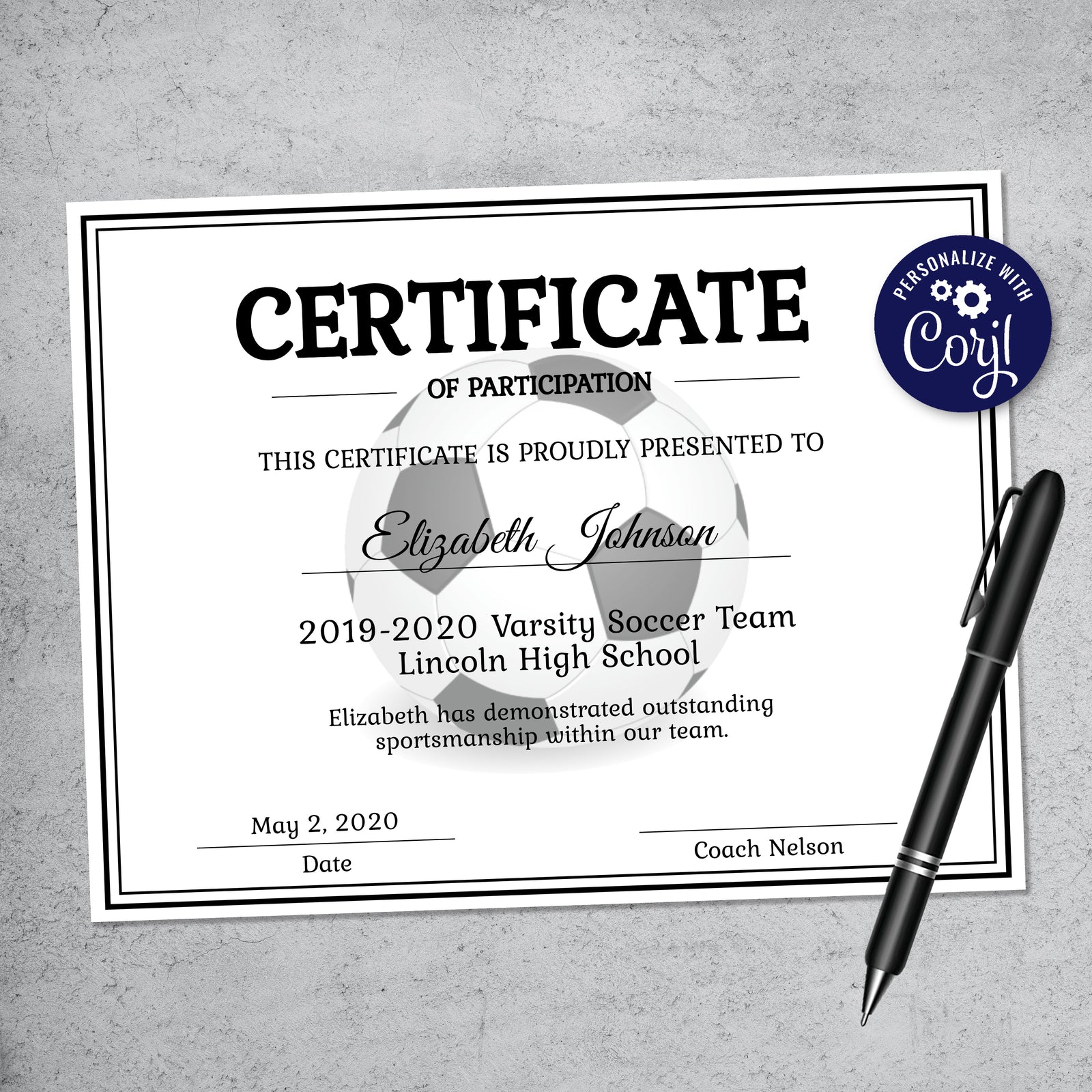 editable soccer certificate, printable kids sports certificate, soccer team award from coach, gifts from coach, sports banquet award, youth soccer team gifts