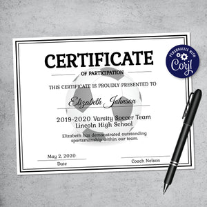 editable soccer certificate, printable kids sports certificate, soccer team award from coach, gifts from coach, sports banquet award, youth soccer team gifts
