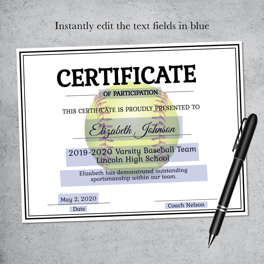 Editable softball certificate of recognition template, printable sports award for softball players