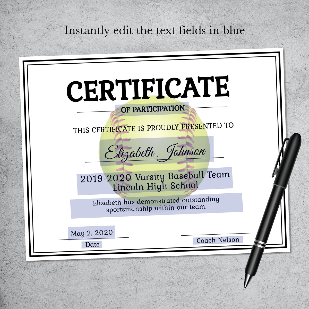Editable softball certificate of recognition template, printable sports award for softball players