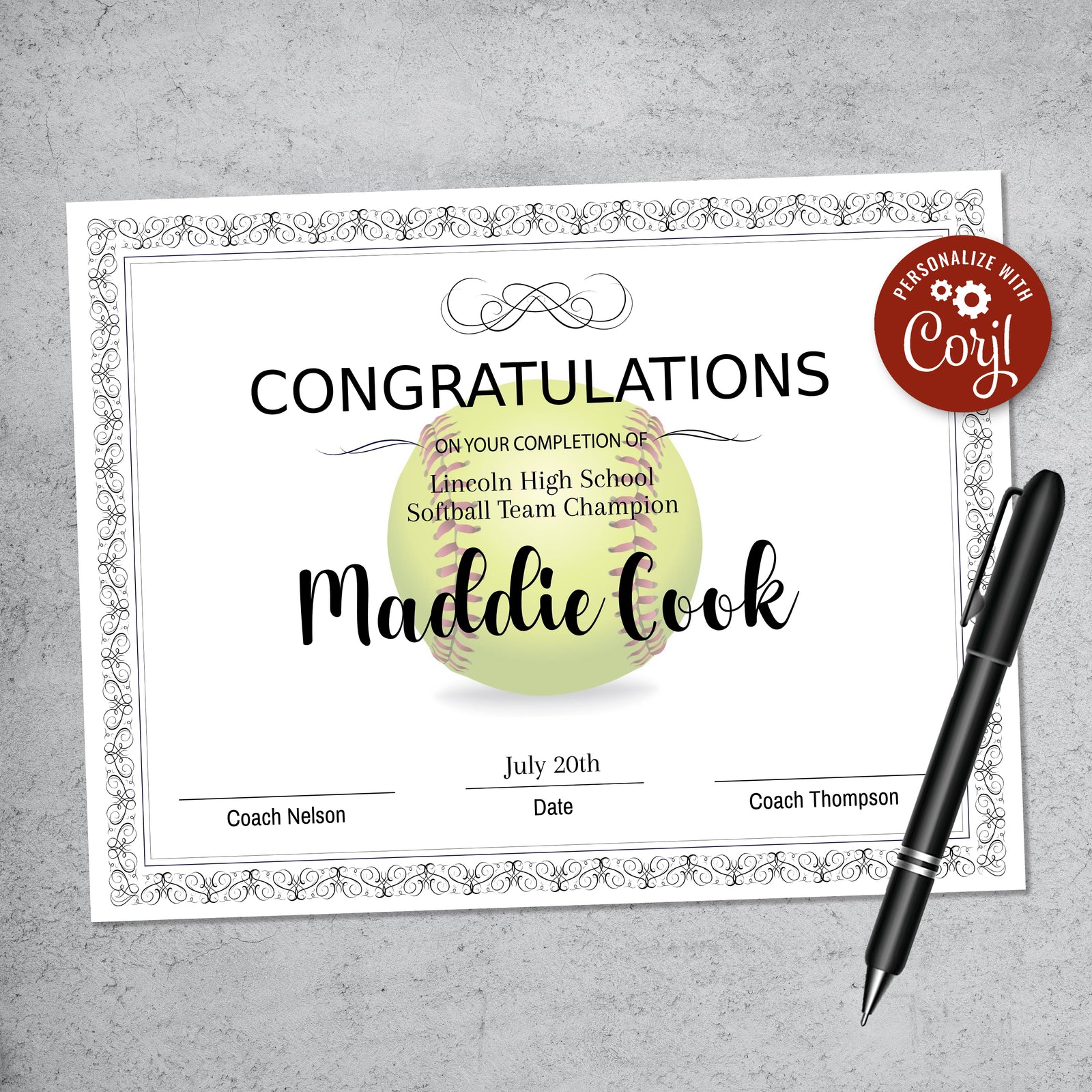 Softball Certificate