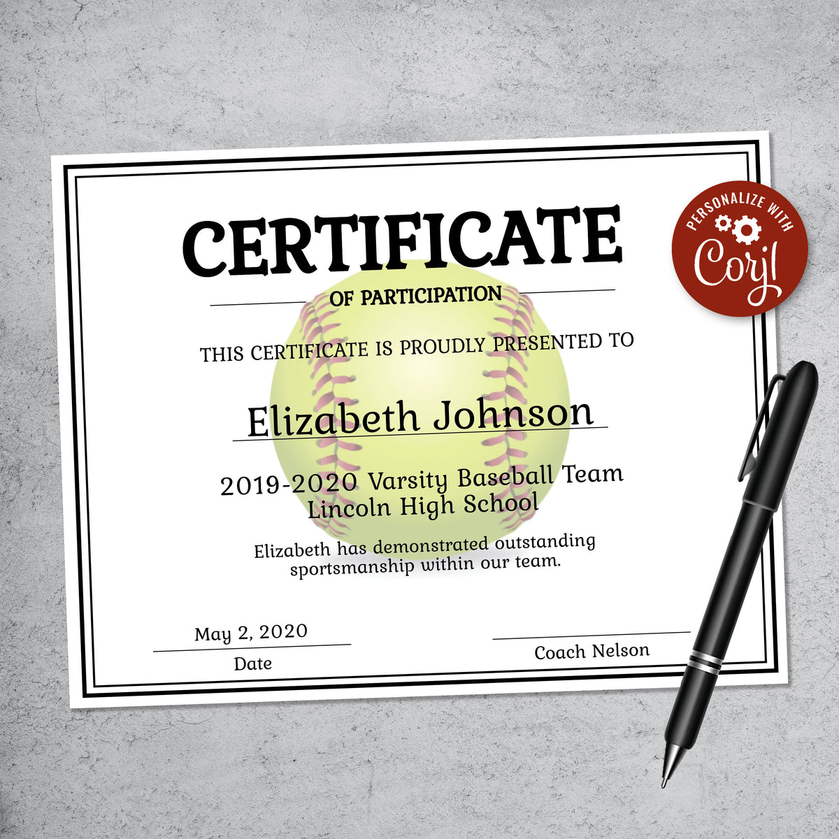 Printable softball award certificate template with softball watermark, editable end-of-season team award