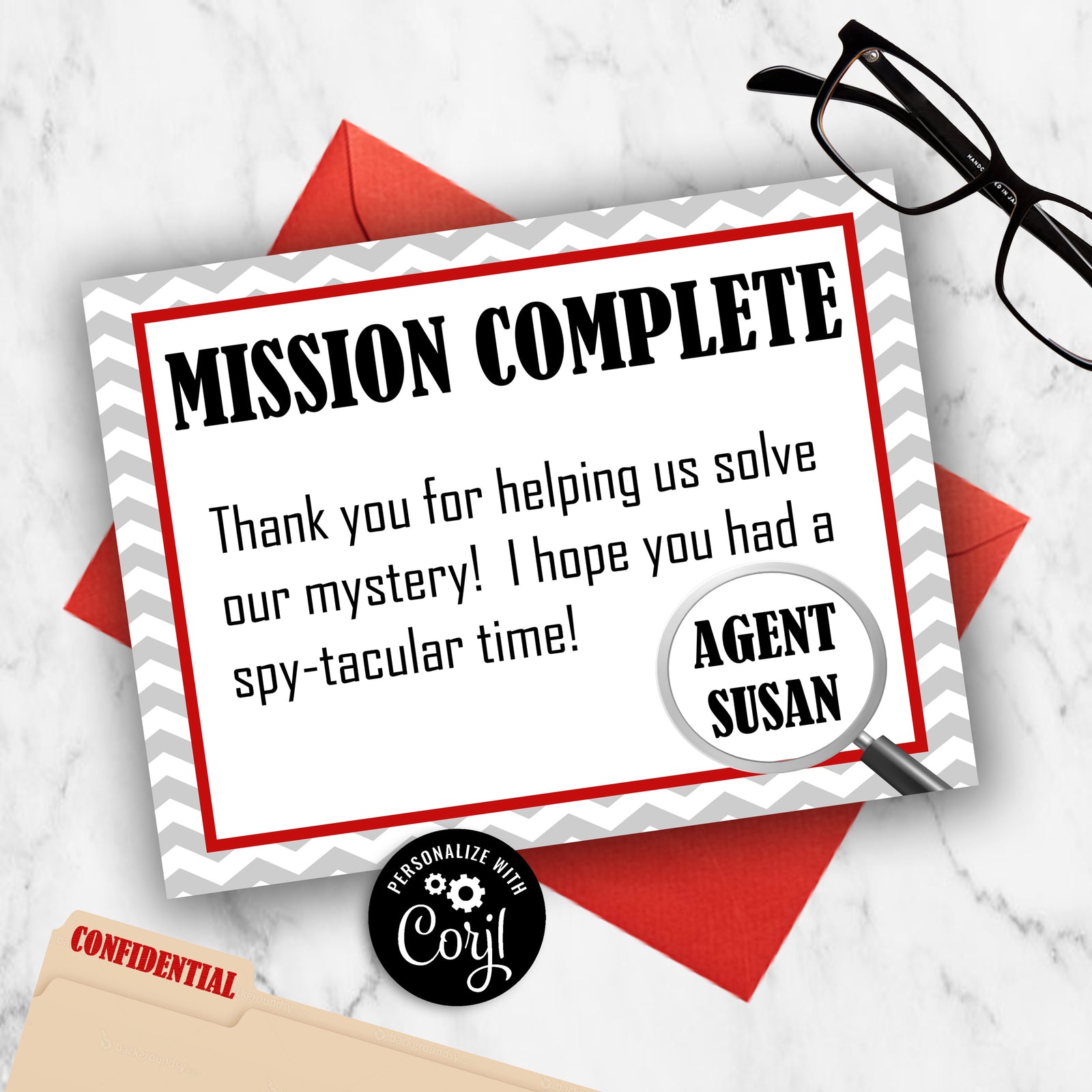 Spy Birthday Party ideas, thank you cards, secret agent party, top secret party, mystery thank you cards, personalized thank you cards, editable thank you invitation