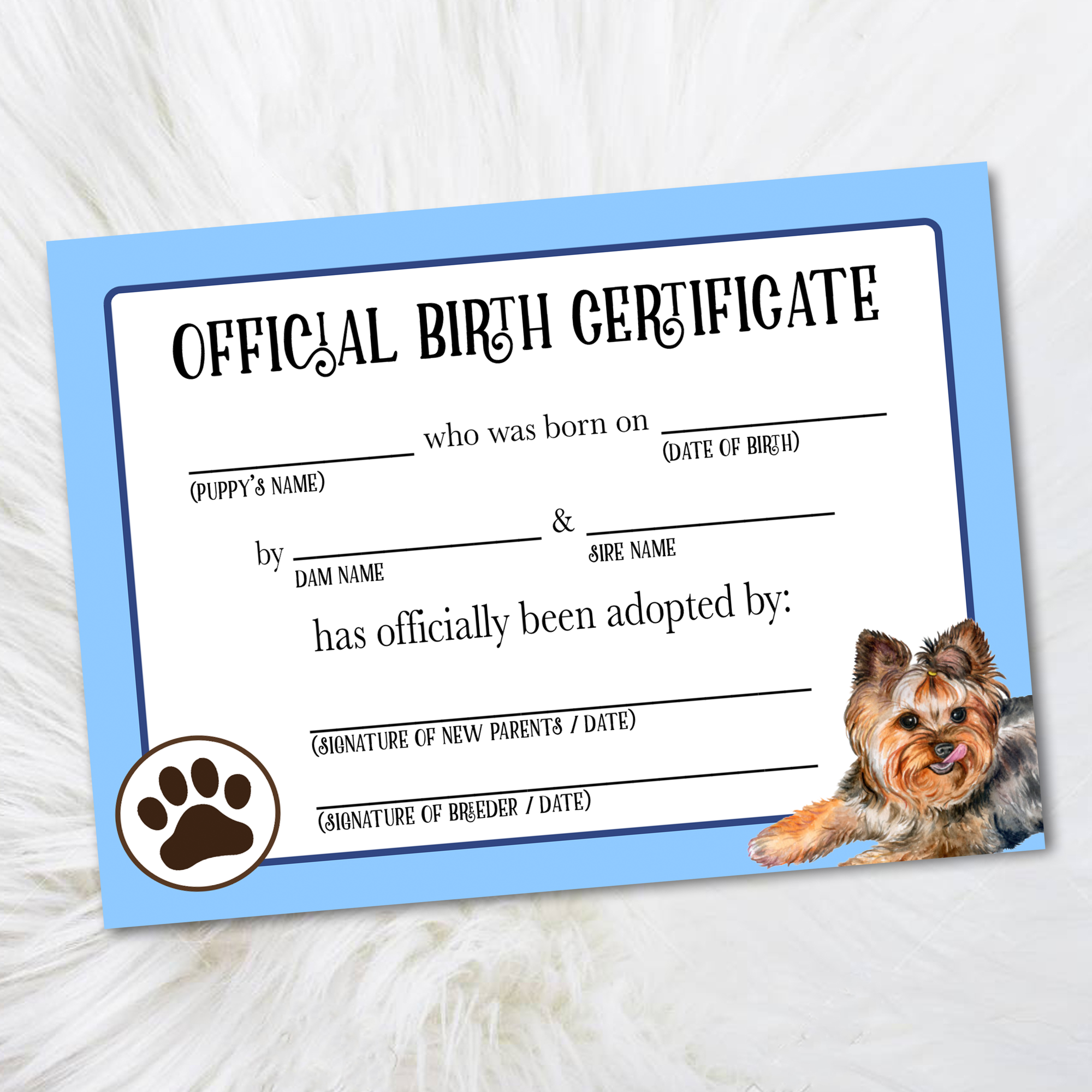 Printable Yorkie Birth Certificate