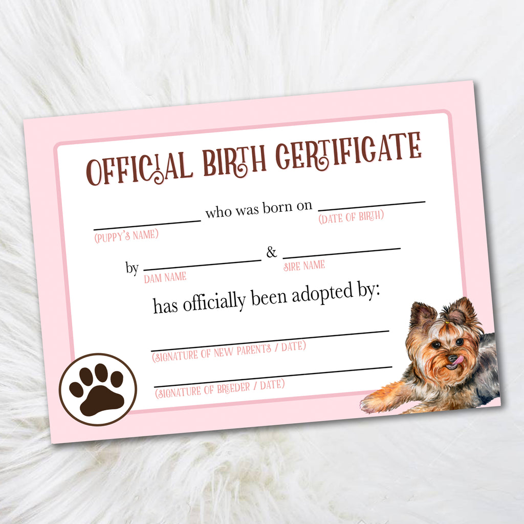 Pink Yorkie Puppy Birth Certificate, Official Pet Certificate - LillyBellePaperie pink-yorkie-puppy-birth-certificate-official-pet-certificate-lillybellepaperie