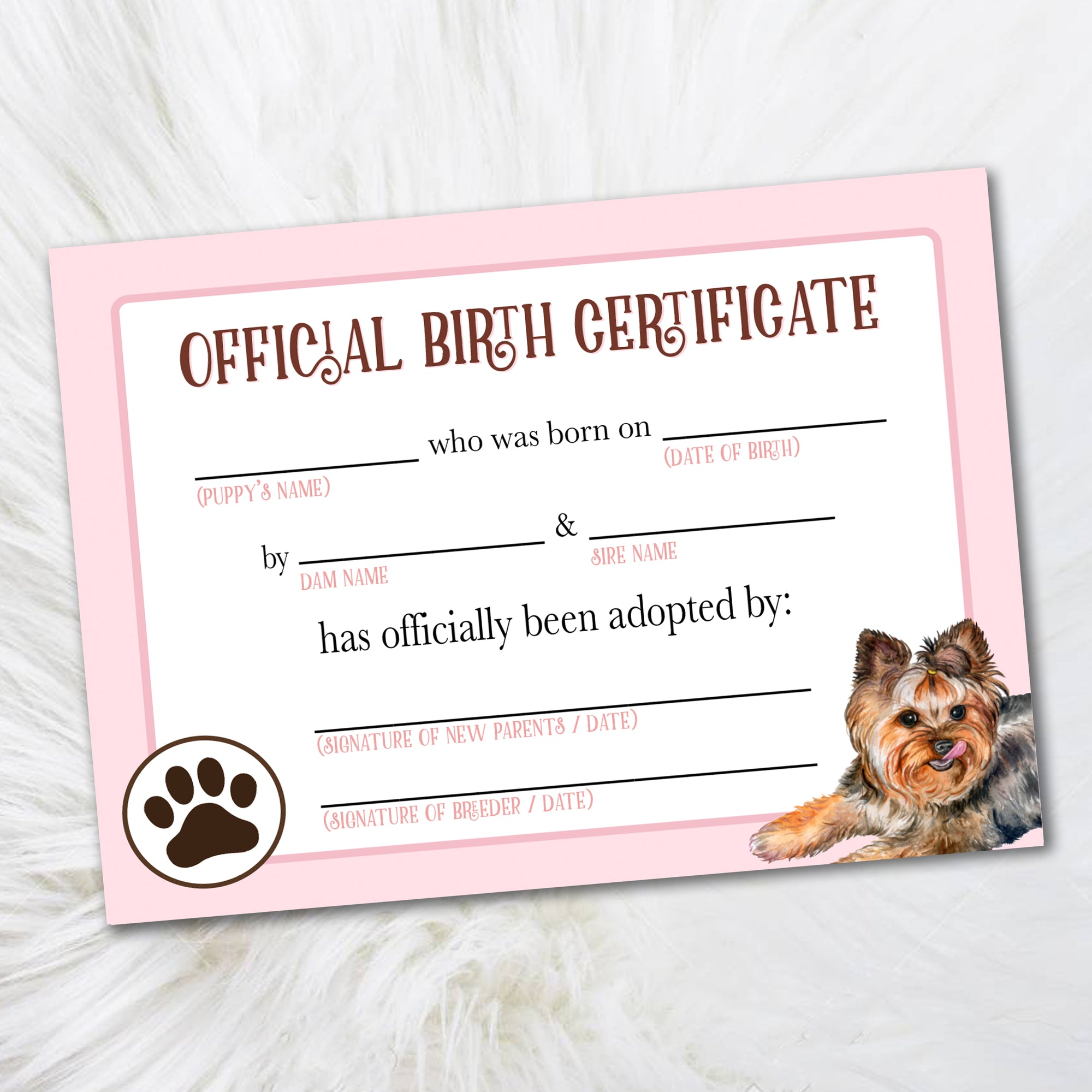 Pink Yorkie Puppy Birth Certificate, Official Pet Certificate - LillyBellePaperie pink-yorkie-puppy-birth-certificate-official-pet-certificate-lillybellepaperie