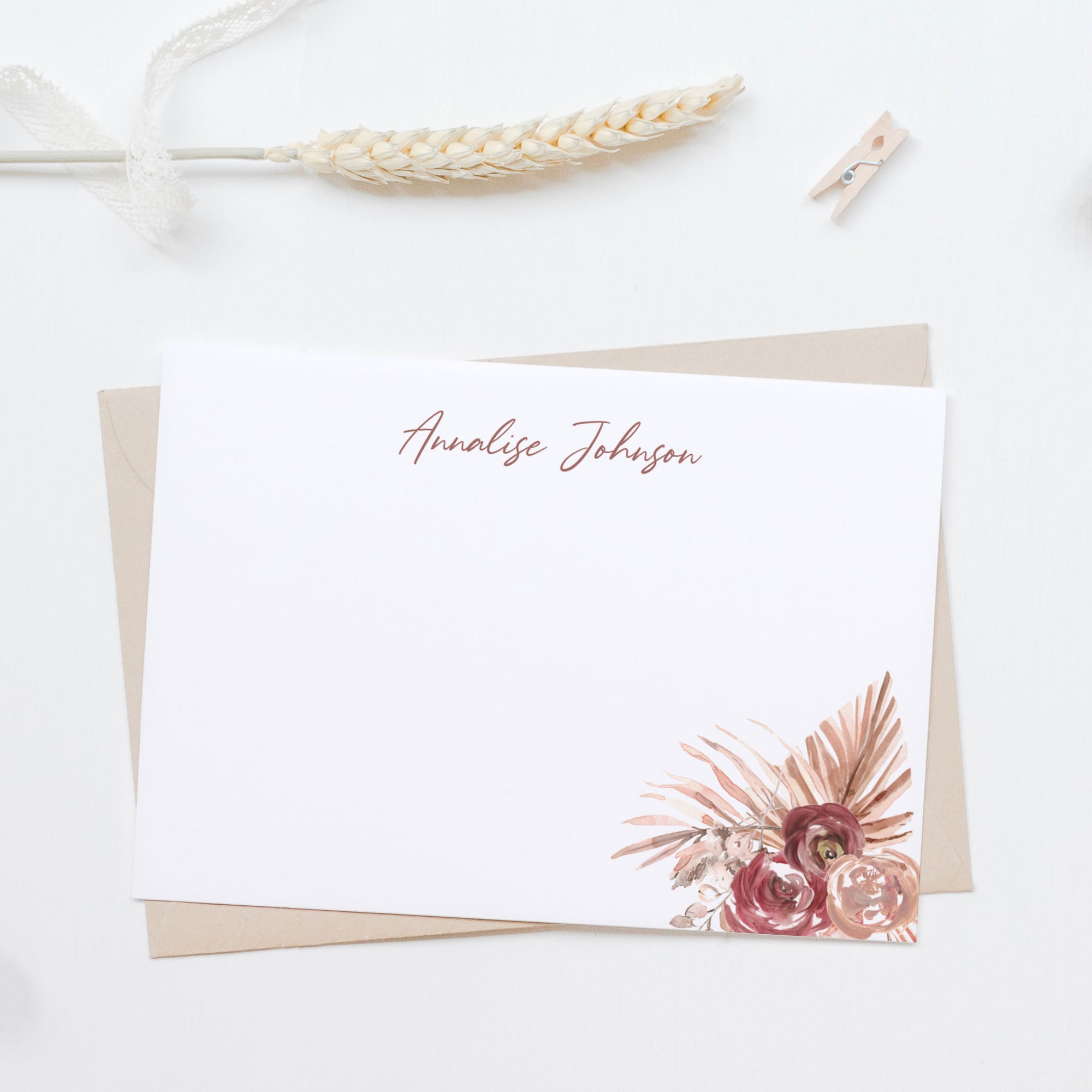 Personalized Burgundy Floral Flat Notes