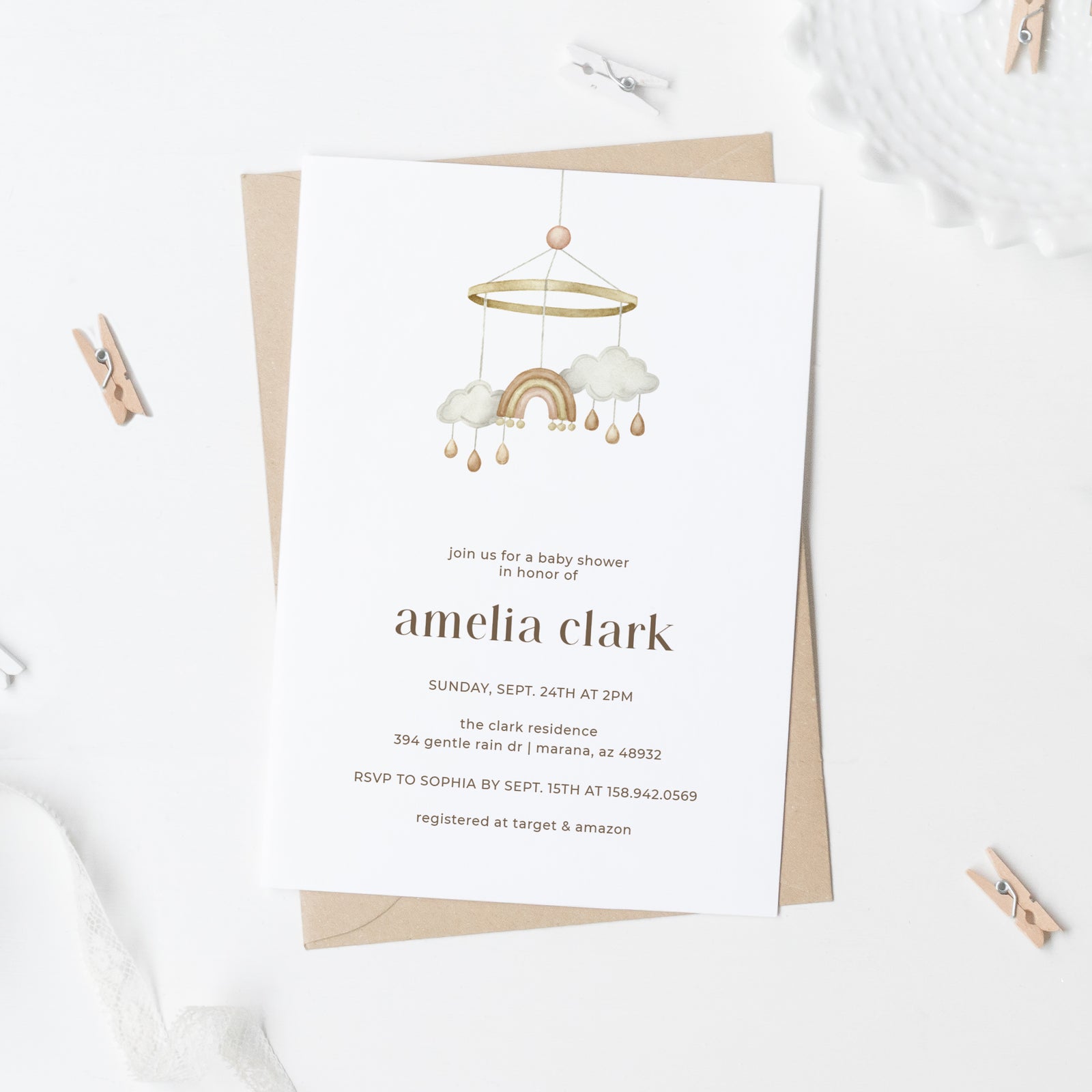 custom boho rainbow nursery mobile baby shower invites in natural beige colors