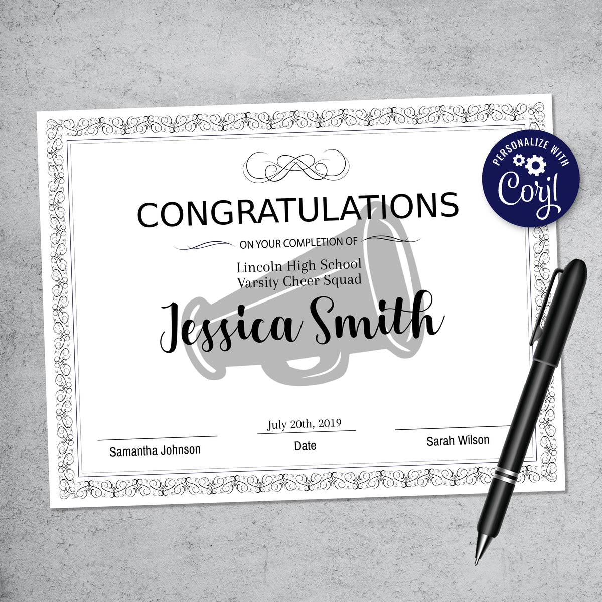 Editable cheer award certificate, printable cheerleading congratulations certificate template