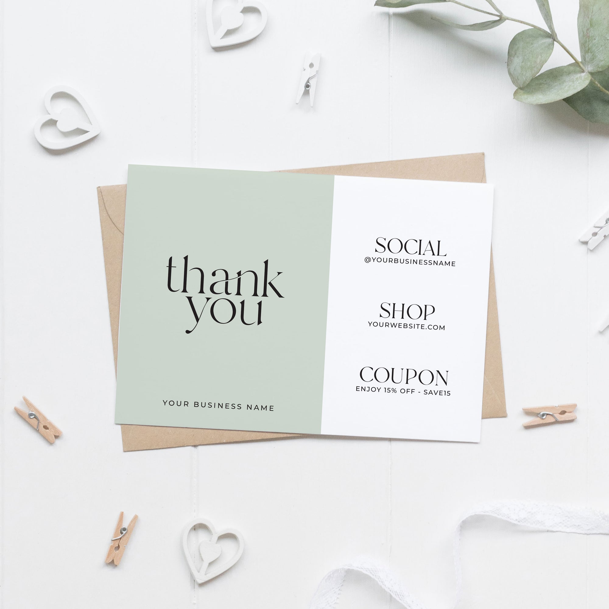 modern sage green thank you small business card with color blocking design