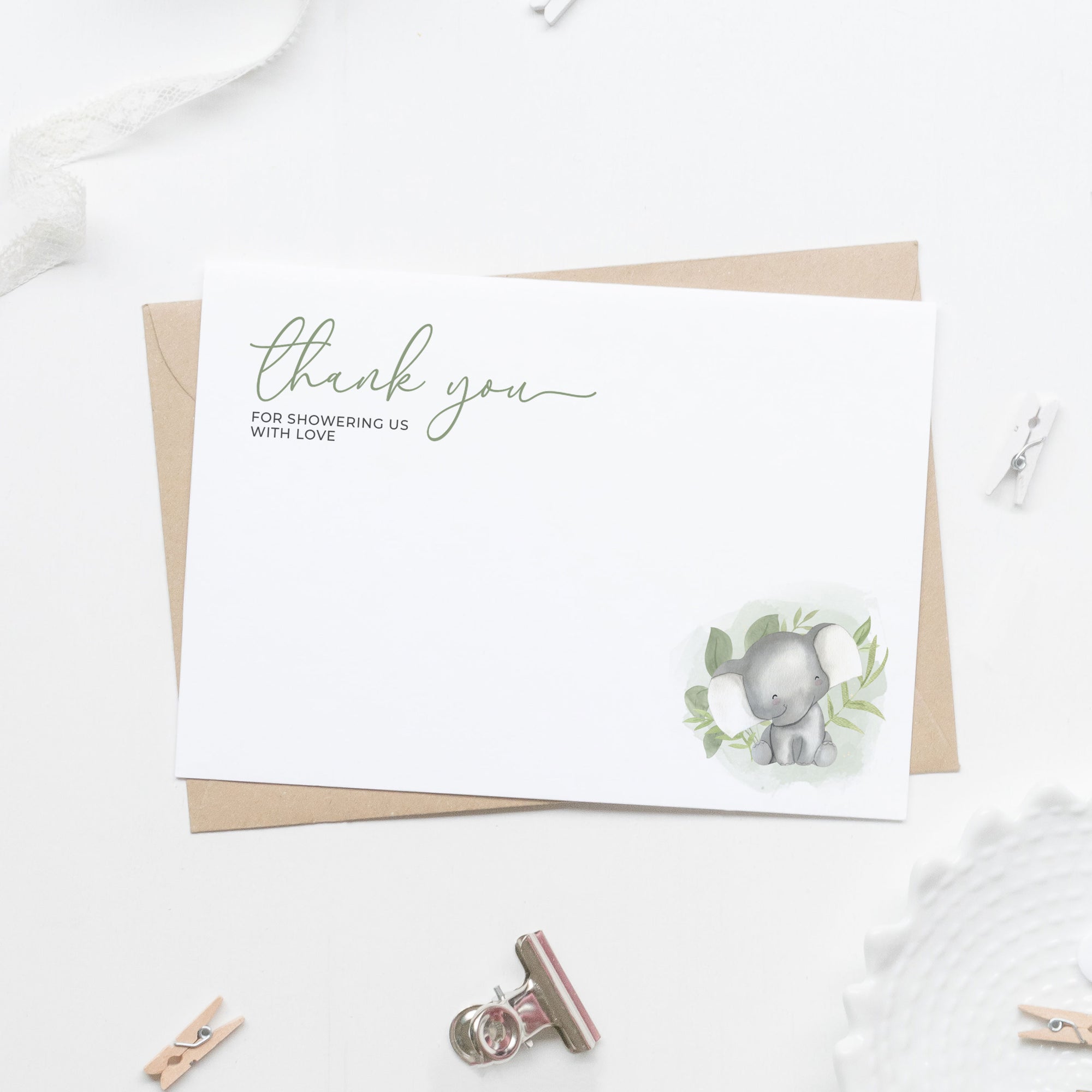 Printed Baby Elephant Thank You Stationery Cards for Safari Themed Baby Shower